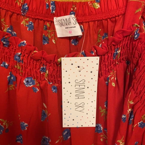 Off the shoulder red top with blue florals - Picture 2 of 2